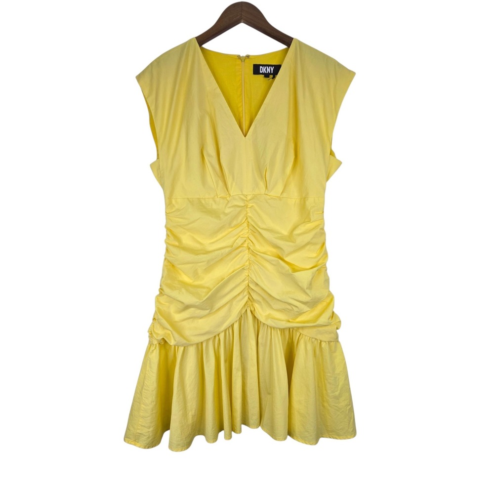 DKNY V-Neck Poplin Dress Women M Yellow Cotton Ruched Flounce Midi Chic Zipper